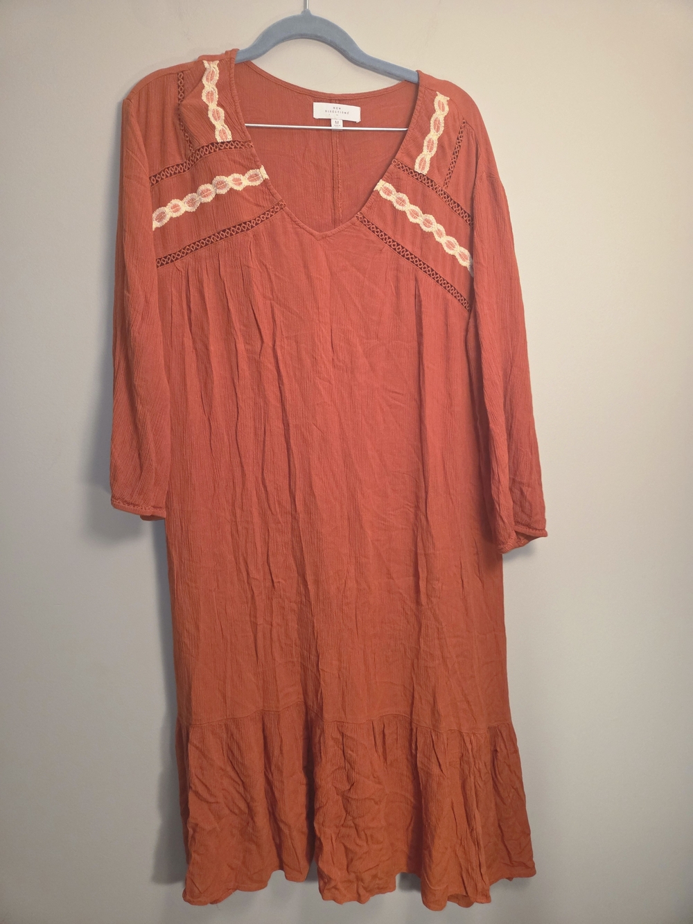 new directions Terracotta Long Sleeve V-Neck Dress with Cream Lace
